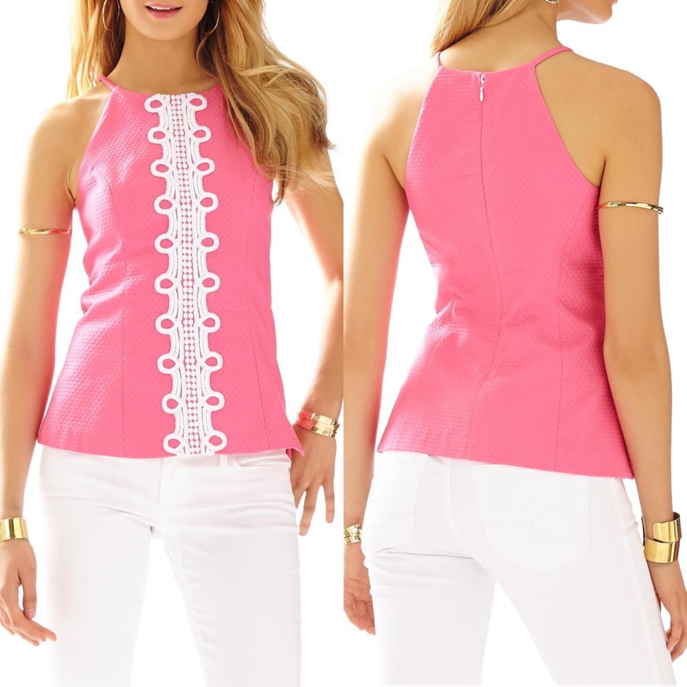 LILLY PULITZER Annabelle Pink White Halter Tank Top Blouse Size 0 - Picture 1 of 11